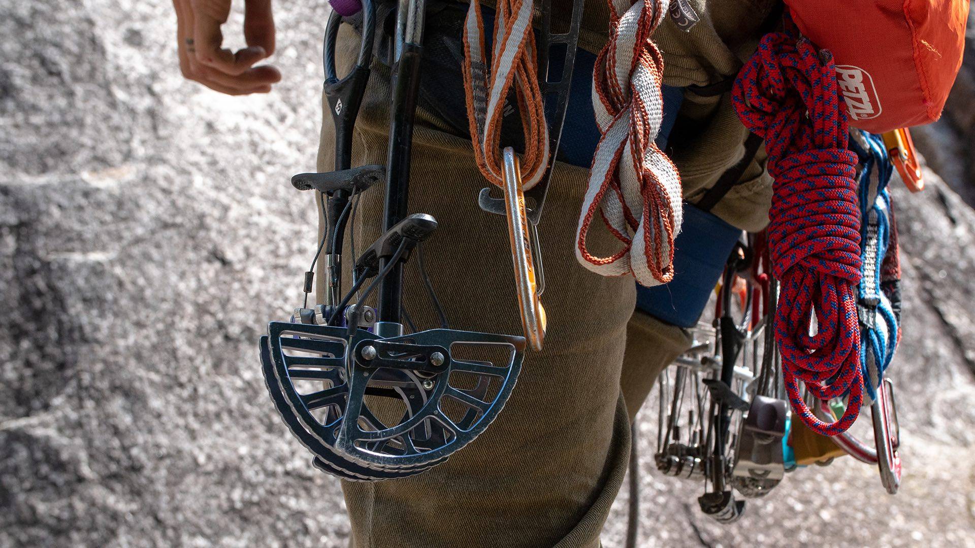 Rock Climbing equipment around harness